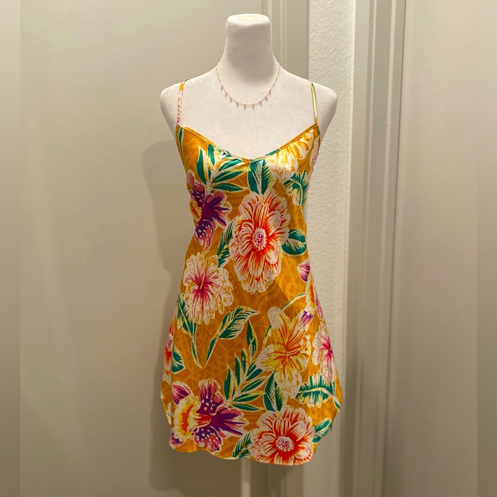VTG Romantic Moods 90s Y2K Yellow Tropical Floral Cami Slip Mini Dress - L